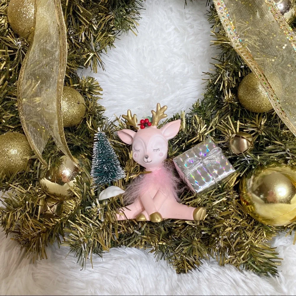 New Handmade Holiday Gold & Pink Retro Deer Hanging Door Wreath